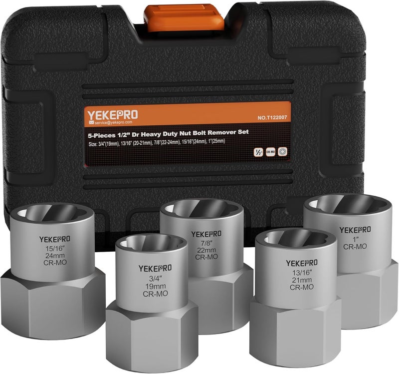 YEKEPRO 5-Piece Heavy Duty Bolt Extractor Set, 1/2" Drive Impact Lug Nut Remover Tool, Large Size 19-25mm for Removing Stripped, Damaged, Rusted Nuts, Bolts, and Studs - Image 1